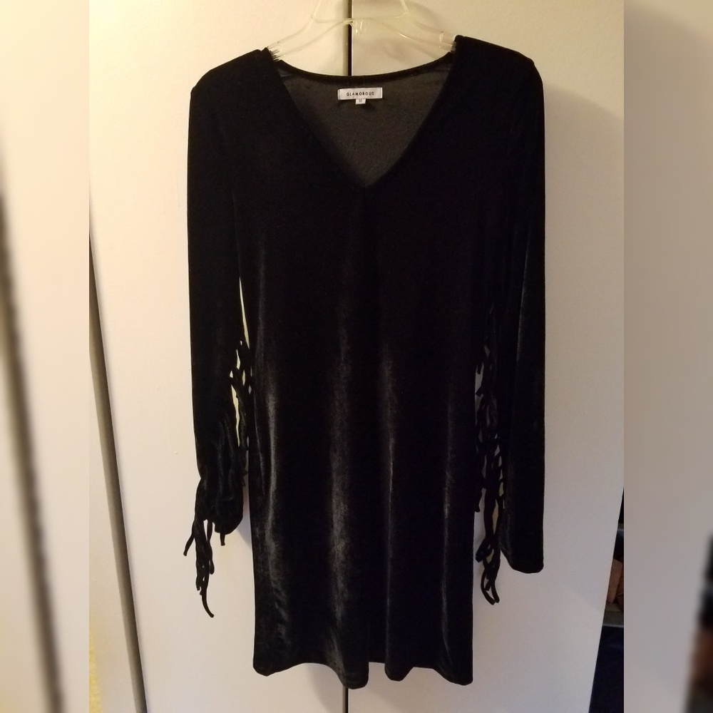 Black Velvet Size Small Dress w Fringed Sleeves